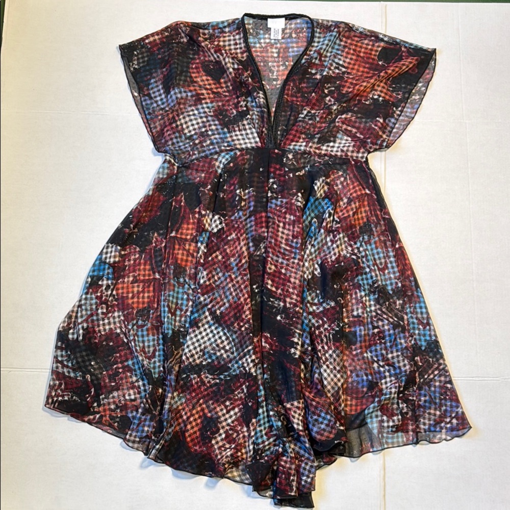 RAY HARRIS London Women's Gingham‎ Plaid Abstract Colorful Sheer V-Neck Dress